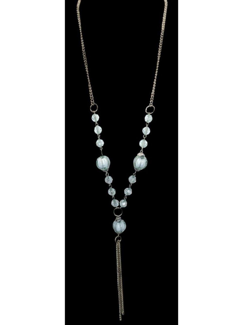 Y2K Beaded Y Drop Necklace Translucent Blue Silver Costume Jewelry